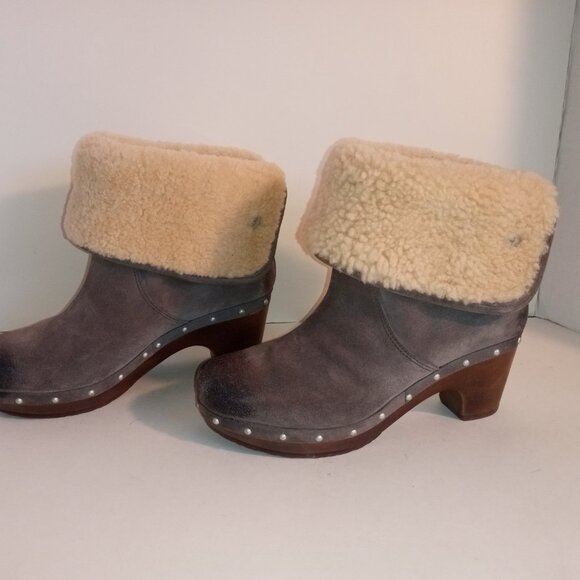 UGG Lynnea Wm 7US/38EU Gray Suede Shearling Ankle Boots Wooden Clog Soles - Picture 4 of 12